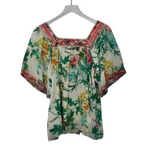 Johnny Was Workshop Boho Short Sleeve Embroidered Floral Top Size Small